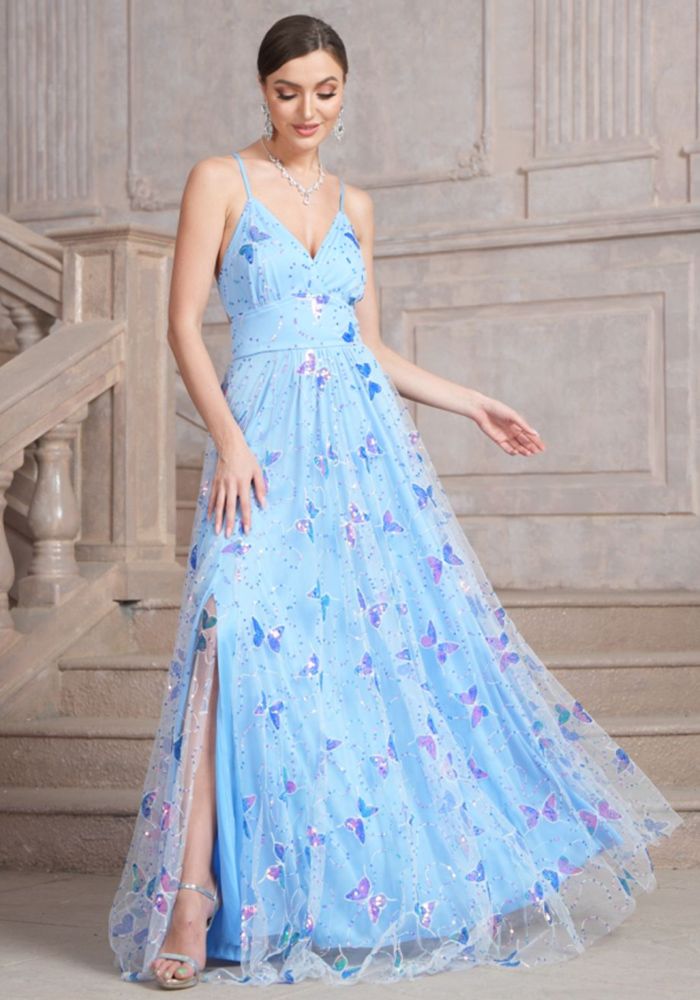 Robe à Bretelles en Sequins Papillon pour Femmes avec Décolleté en V et Fente