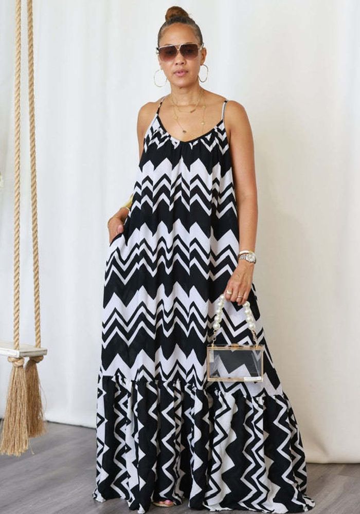 Robe Longue Décontractée à Dos Nu avec Imprimé à Bretelles