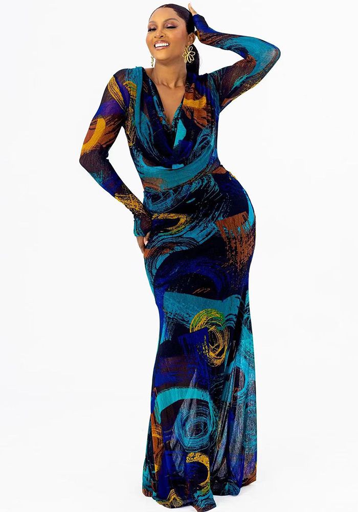 Robe Bodycon à Manches Longues Imprimée pour Femmes