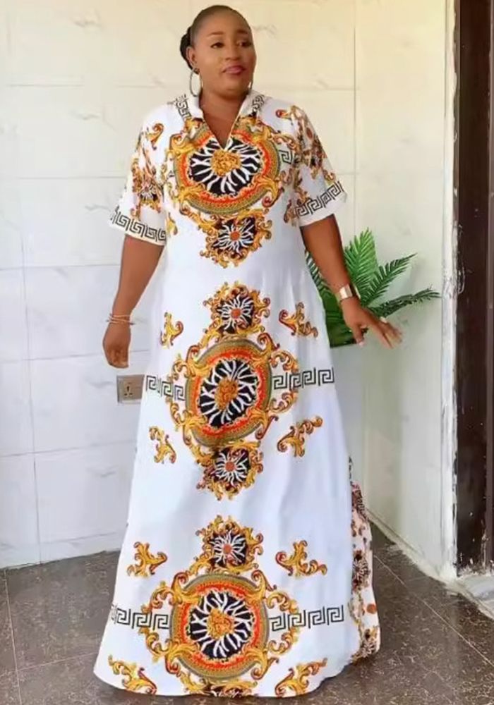 Robe longue décontractée à manches courtes à capuche imprimée africaine