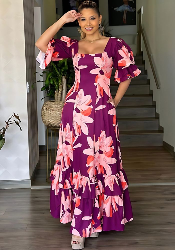 Robe A-Line à Encolure Carrée Slim Taille Poche Volant pour Femmes Chic Romantique