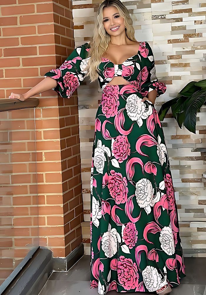 Robe Longue Chic à Manches Longues avec Décolleté Carré et Nœud Creux pour Femme