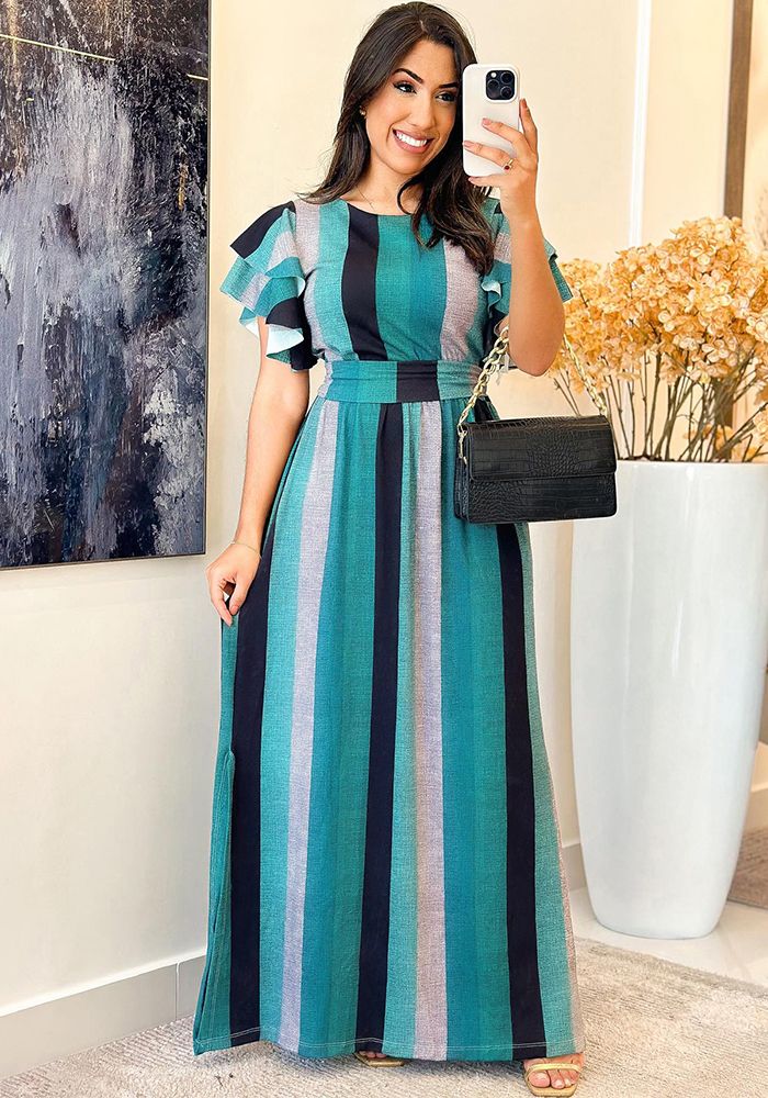 Robe Maxi à Manches Volantes et Imprimé Rayé pour Femmes
