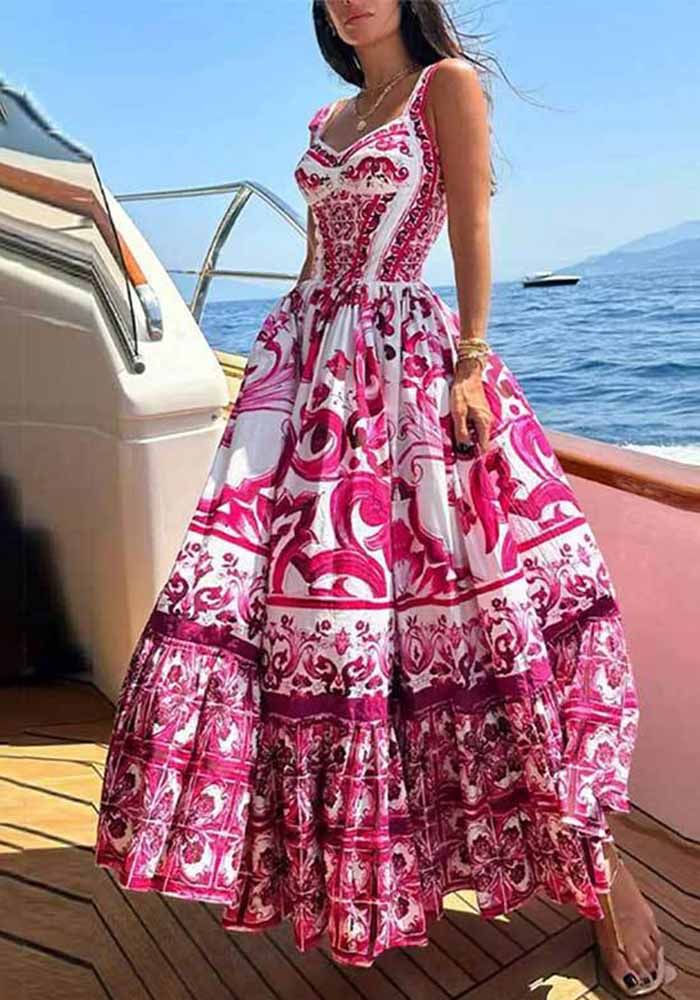 Robe Maxi à Bretelles Imprimée Bohème pour Femmes d'Été
