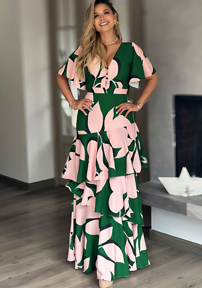 Robe Décontractée Femme Design V-Col Bouton Volants Irreguliers