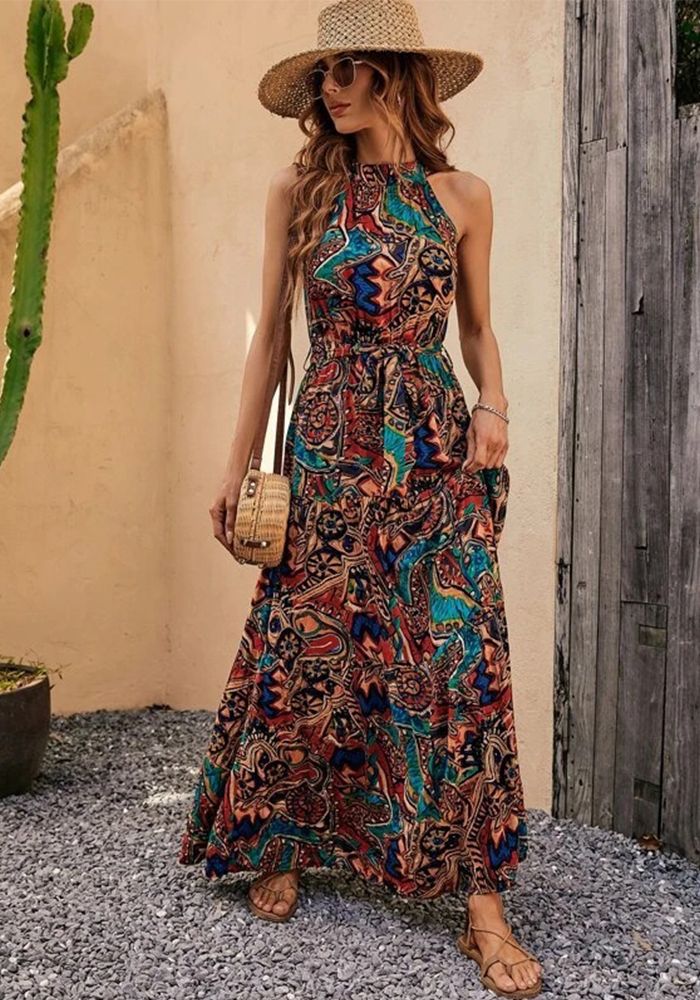 Robe Bohémienne à Col Halter Imprimée pour Femmes