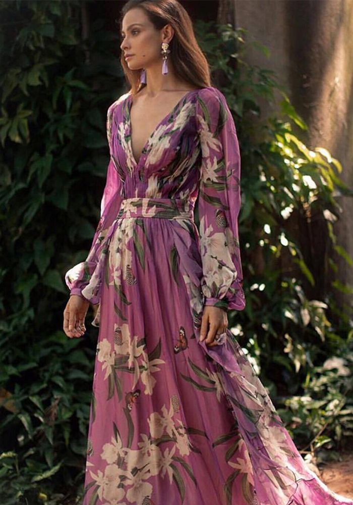 Robe imprimée d'été à col en V et manches longues