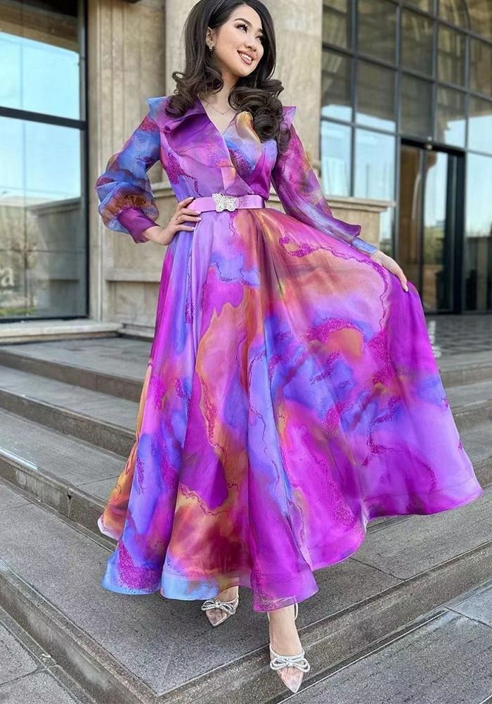 Robe Longue V-Neck Imprimée en Maille Printemps Été Grande Taille pour Femmes