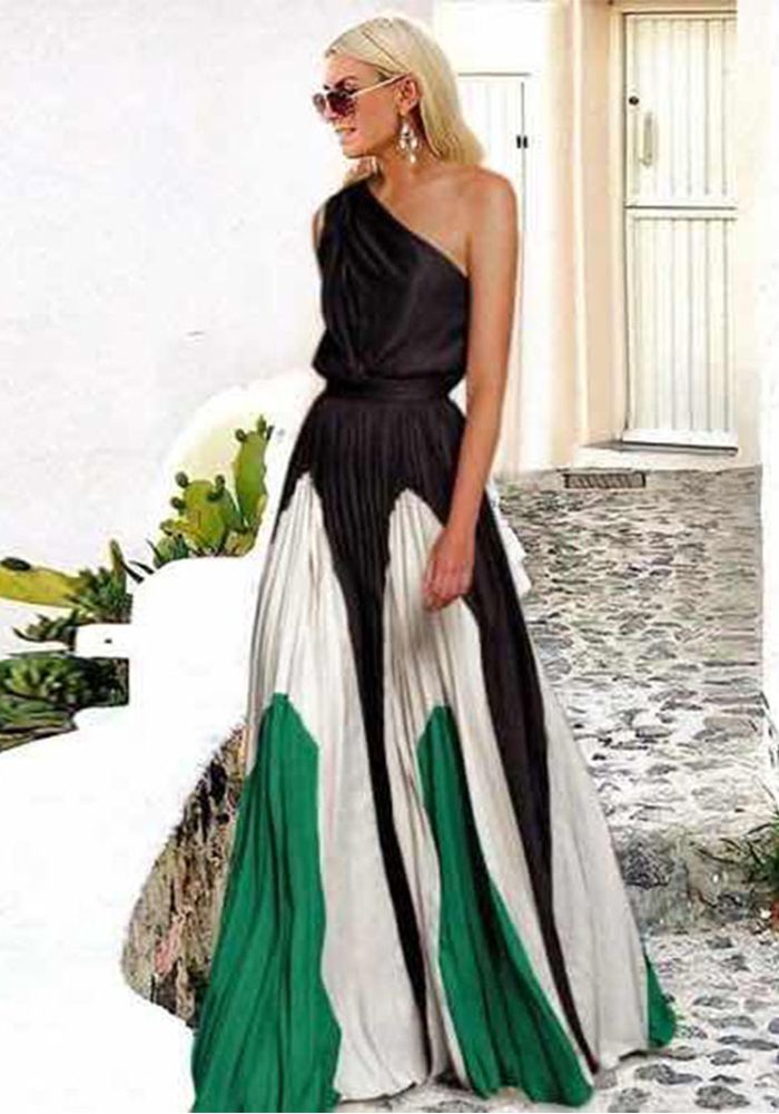 Robe Maxi Imprimée Femme Contrastée à Manches Dégagées