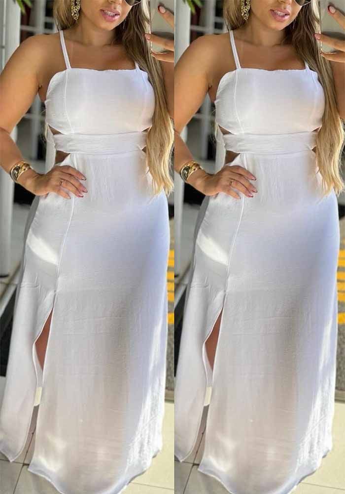 Robe Longue à Dos Nu à Lacets et Fente de Couleur Unie