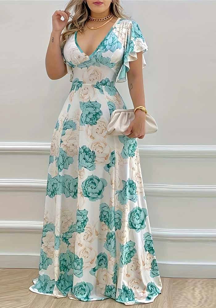 Robe Maxi Imprimée à Col V et Manches Courtes d'Été
