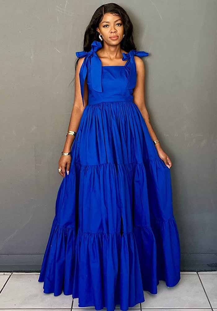 Robe Longue A-Ligne Slim à Bretelles Nœud Doux Mode Été Femme