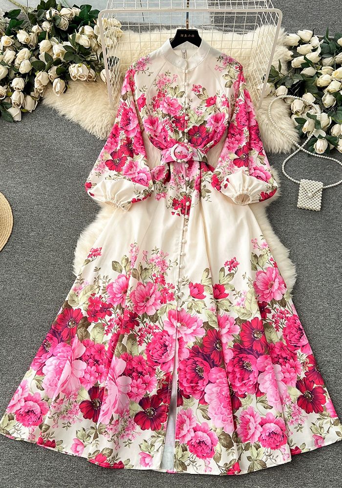 Robe Femme Imprimée à Manches Bouffantes Françaises