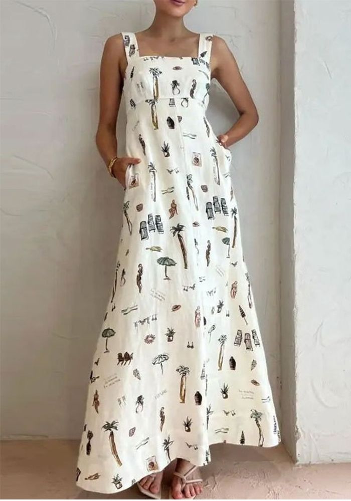 Robe Longue Décontractée Imprimée à Bretelles pour Femmes avec Nœud à Lacets d'Été