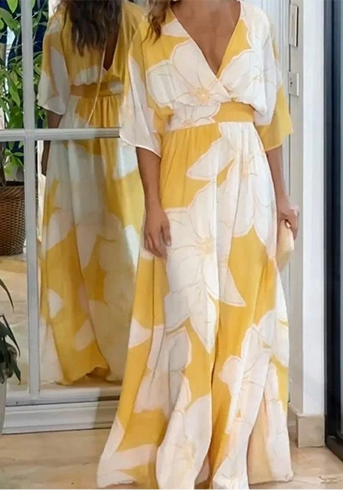 Robe Maxi Chic Imprimée à Col V et Dos Nu pour Femmes Printemps Été