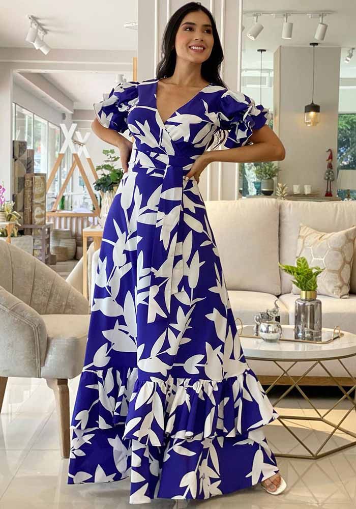Jupe Longue Élégante à Imprimé Chic pour Femmes avec Décolleté en V et Volants