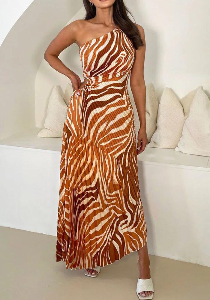 Robe Maxi Sans Manches Imprimée Plissée à Une Épaule d'Été