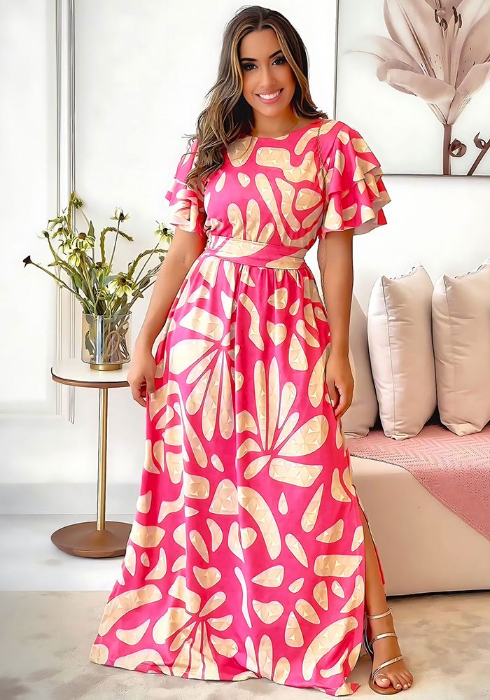 Robe Longue à Manches Courtes Imprimée Chic et Décontractée Printemps et Été pour Femmes