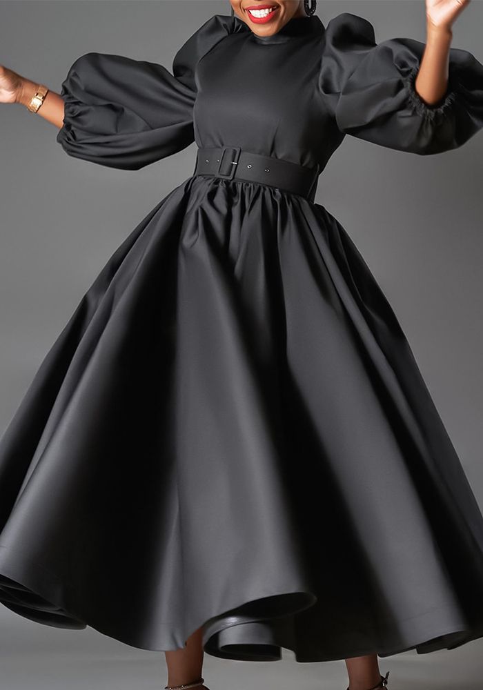 Robe Africaine A-Line à Manches Bouffantes en Couleur Unie pour Femmes Grandes Tailles
