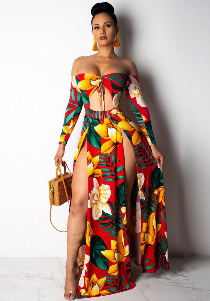 Robe à manches longues décolletée en dentelle imprimée pour femmes