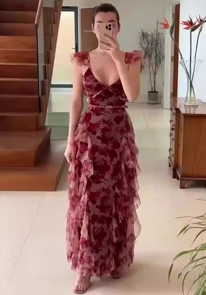 Robe Longue Ruffle à Taille Haute à Manches Volantes Imprimée Mode Été