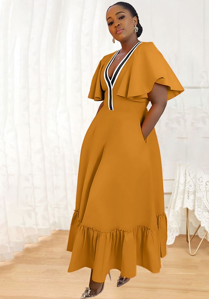 Robe Femme à Poches avec Manches Volantes en V et Patchwork Contrasté