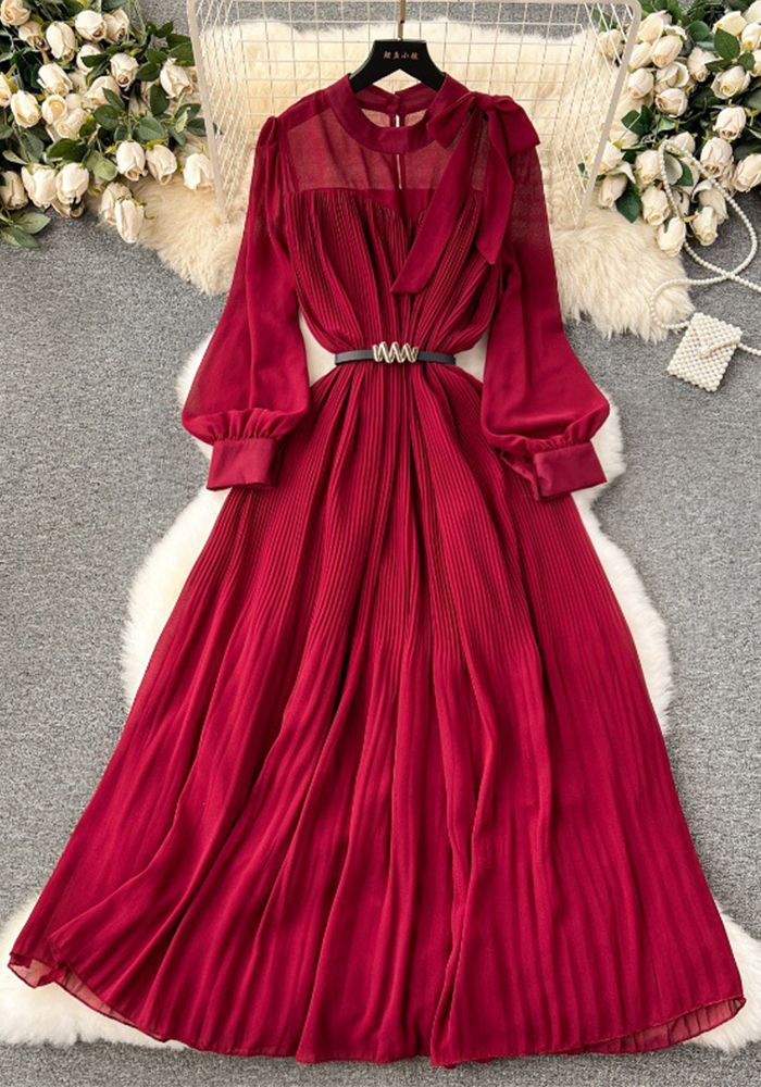 Robe Longue à Manches Bouffantes en Chiffon Plissé avec Nœud pour Femmes Printemps