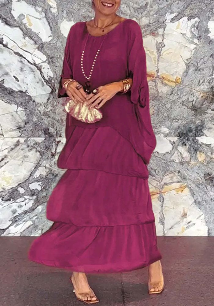 Robe longue en chiffon pour femmes avec manches chauve-souris et col rond