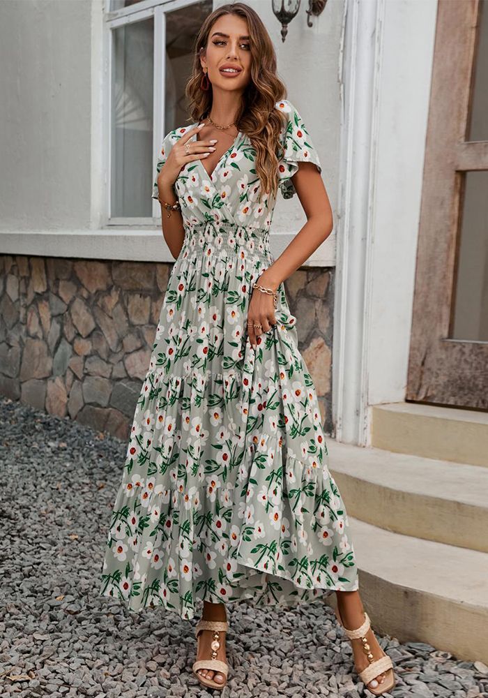 Robe d'été en coton imprimé à col en V et manches courtes Mode féminine chic taille fine coupe ajustée longue