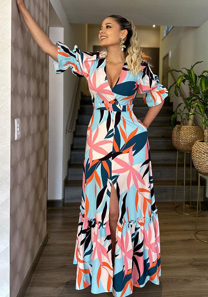Robe Longue à Volants à Manches Bouffantes Imprimée pour Femme