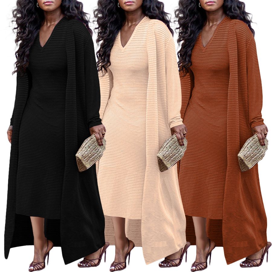 Ensemble de Robe à Col V Slim en Maille Côtelée de Couleur Unie pour Femmes