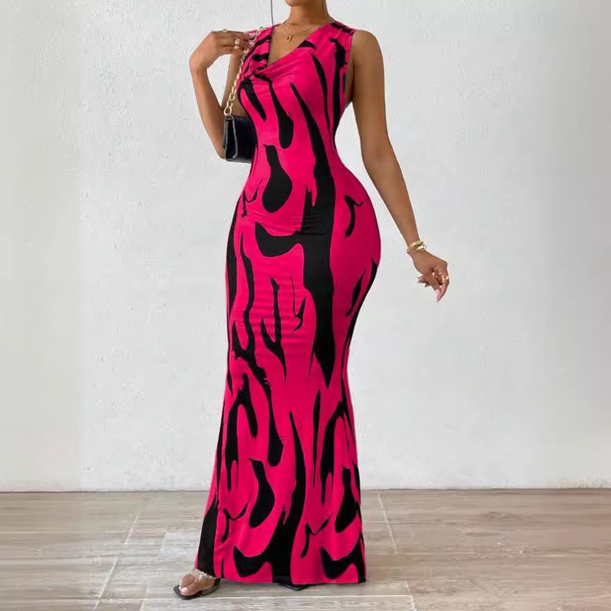 Robe Longue Slim Sans Manches Imprimée Printemps Femme