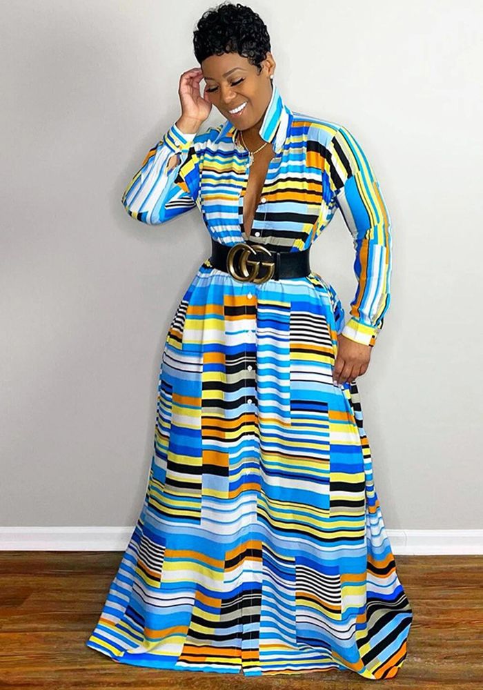 Robe Maxi à Col Rabattu Imprimé Irregulier pour Femmes à Manches Longues