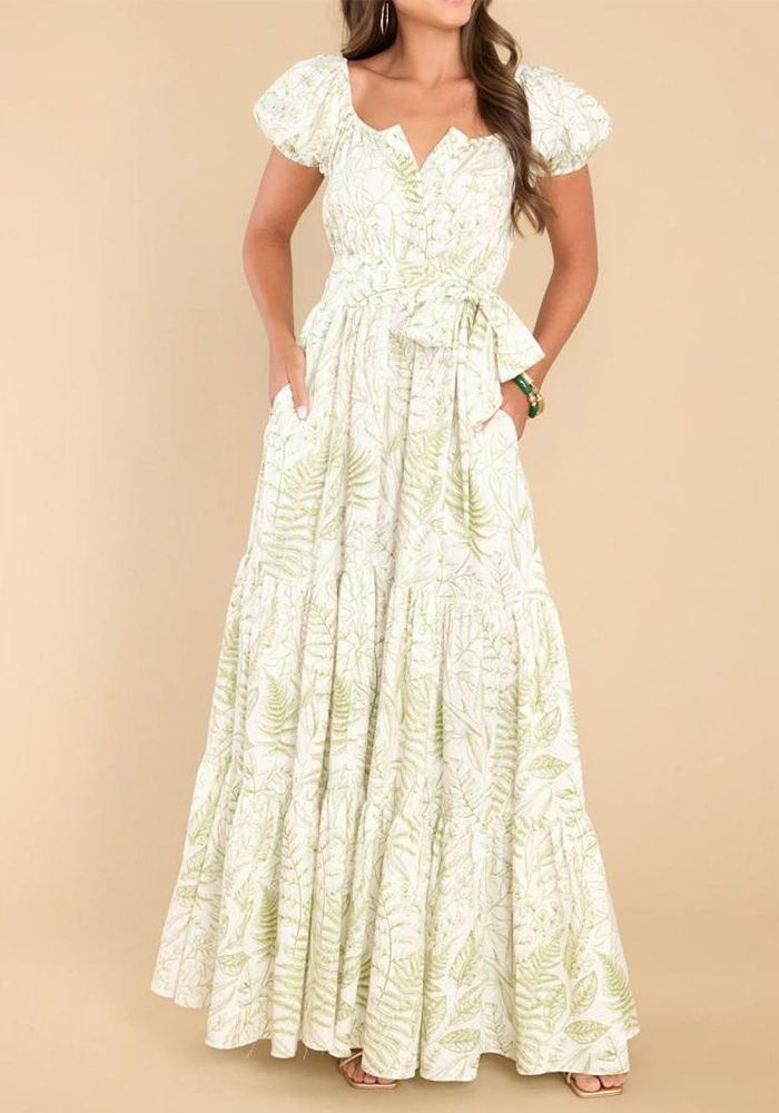 Robe Longue Élégante Chic à Manches Bouffantes Imprimée Printemps Été avec Ceinture