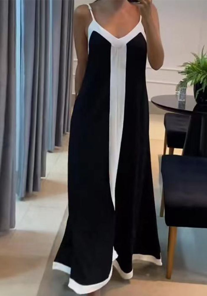 Robe Femme Élégante à Encolure en V et Bretelles de Couleur Contrastée
