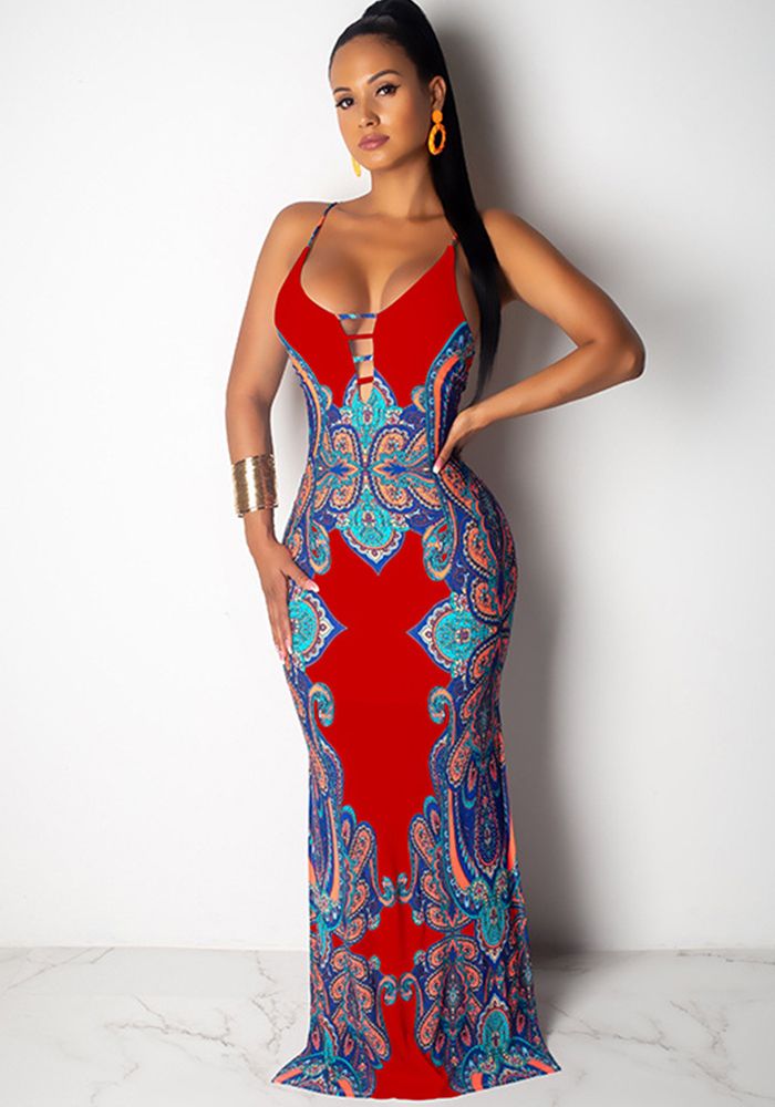 Robe Maxi à Bretelles Imprimé Ethnique Femme