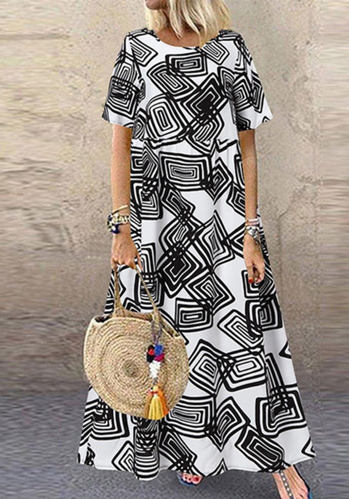 Robe Maxi Imprimée à Manches Courtes pour Femmes Grande Taille d'Été