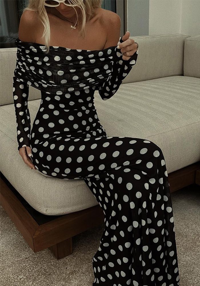 Robe Femme Printemps Été en Maille à Pois Off Shoulder