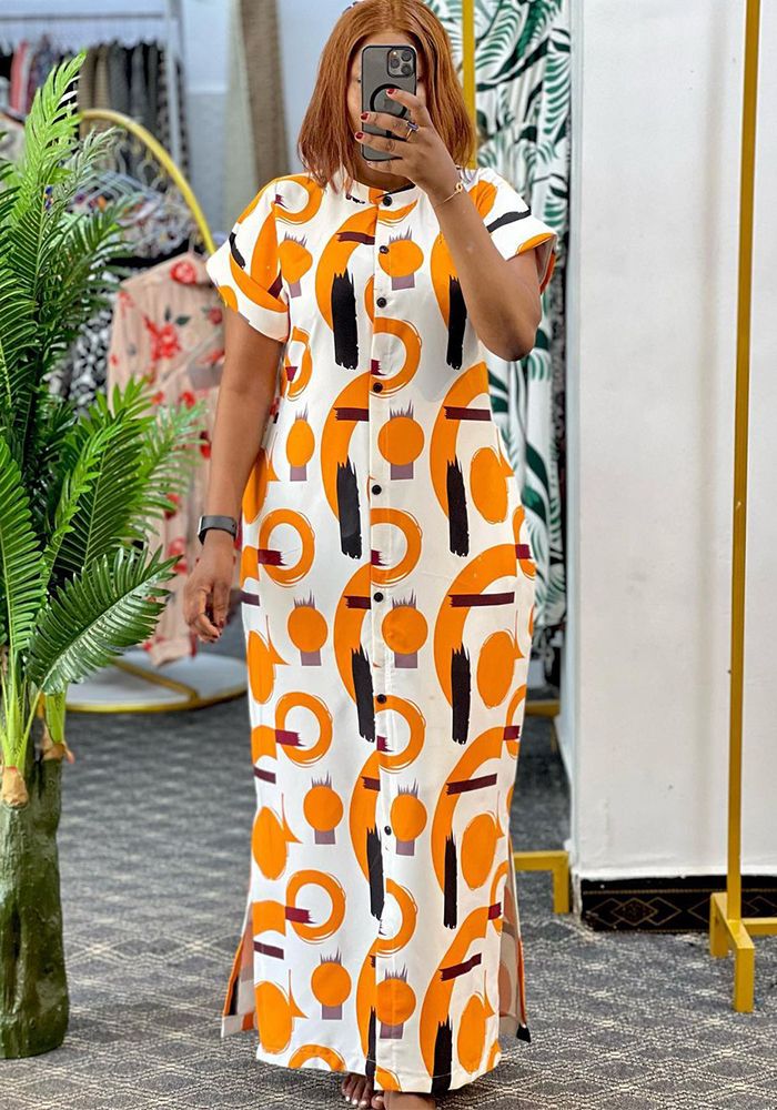 Robe Maxi Chic à Boutons Imprimée avec Col Montant pour Femmes