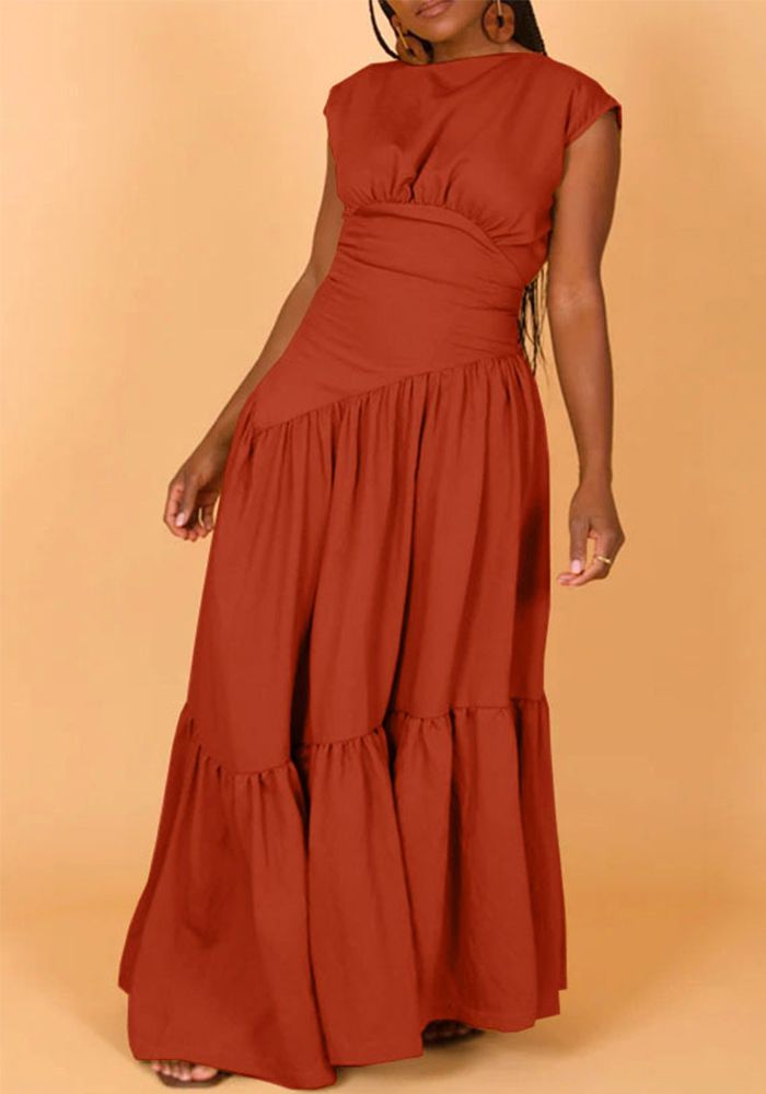 Robe longue sans manches plissée loose unie pour femmes printemps et été