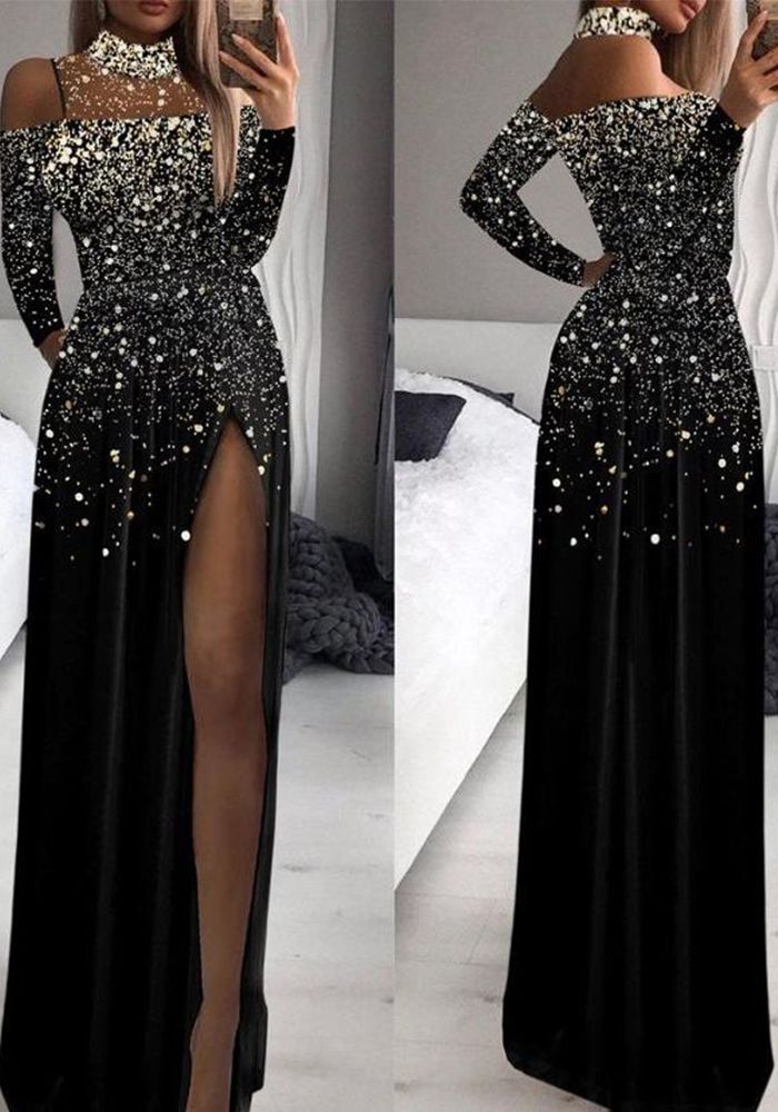 Robe de soirée femme à manches longues en mesh à col montant imprimée or