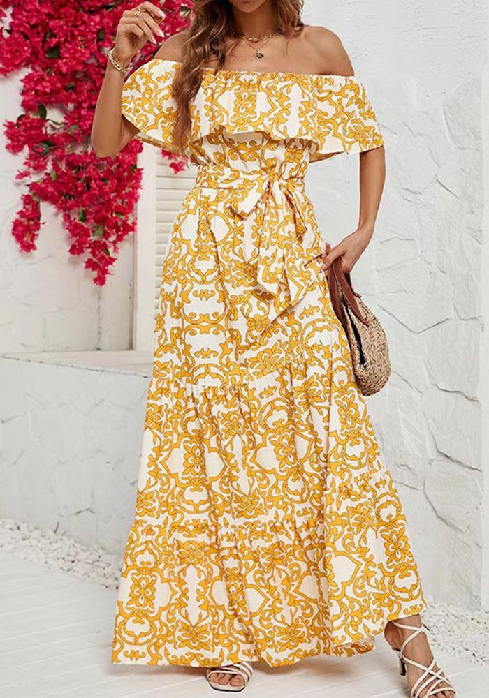 Robe Maxi Imprimée à Volants à Manches Courtes Décolletée pour Femmes