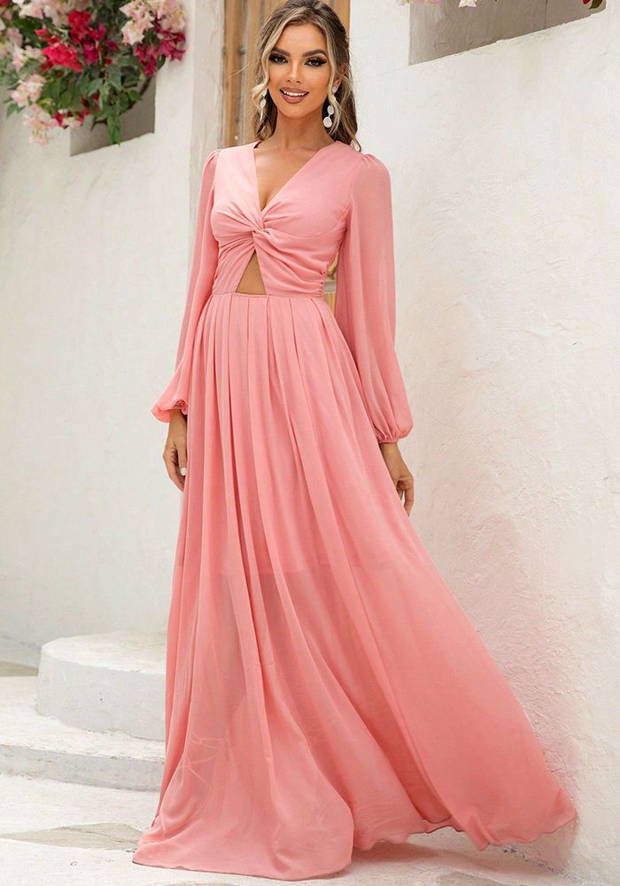 Robe Longue à Manches Bouffantes avec Découpe Nœud pour Femme