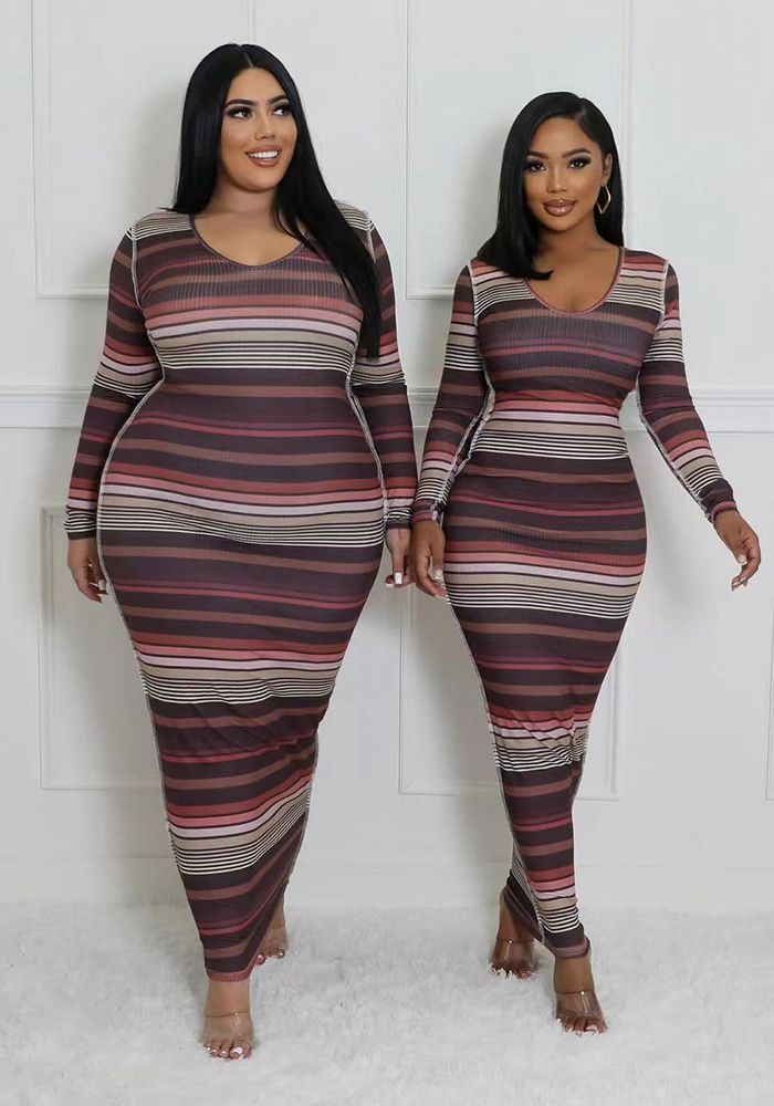 Robe Longue à Manches Longues à Rayures Imprimées pour Femmes