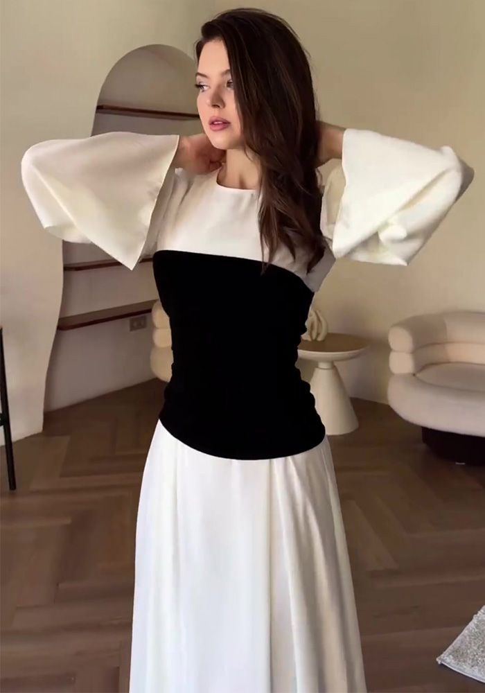 Robe Maxi Femme Noir et Blanc Patchwork