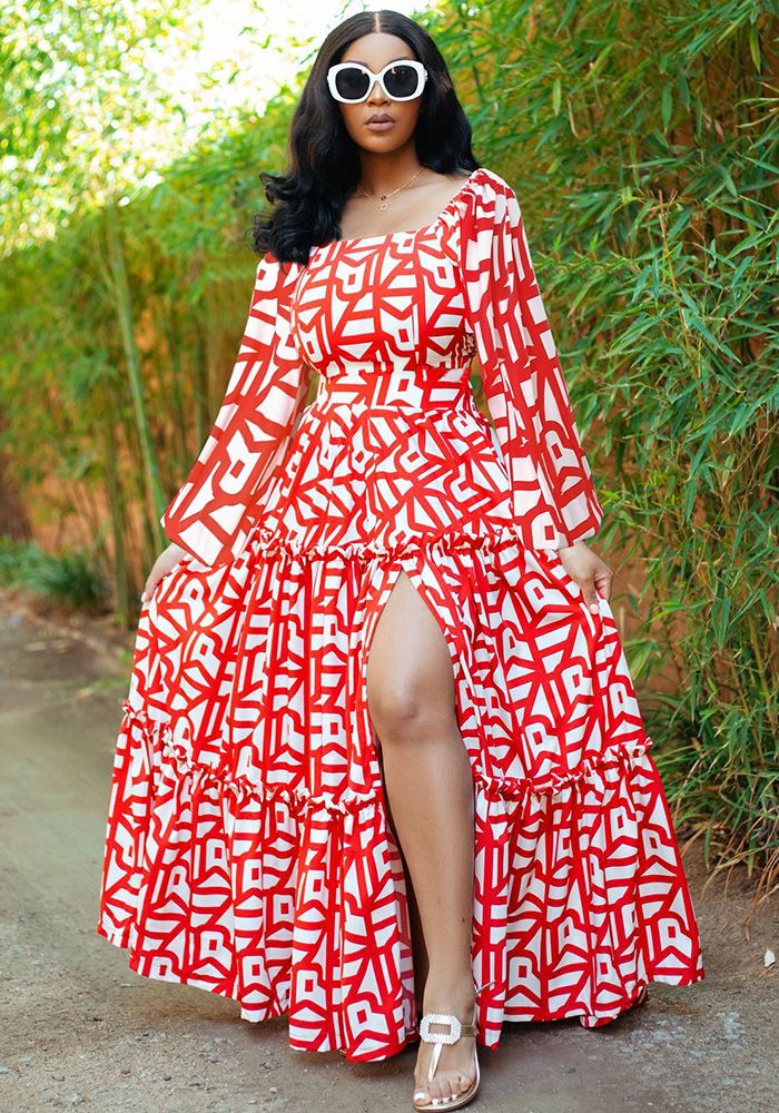 Robe élégante à fente imprimée u-neck pour femmes au printemps