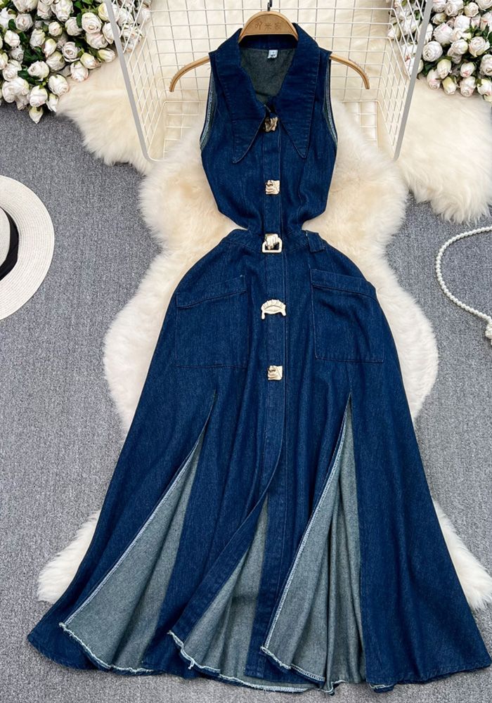 Robe en Jean Sans Manches à Col Rabattu Vintage pour Femmes