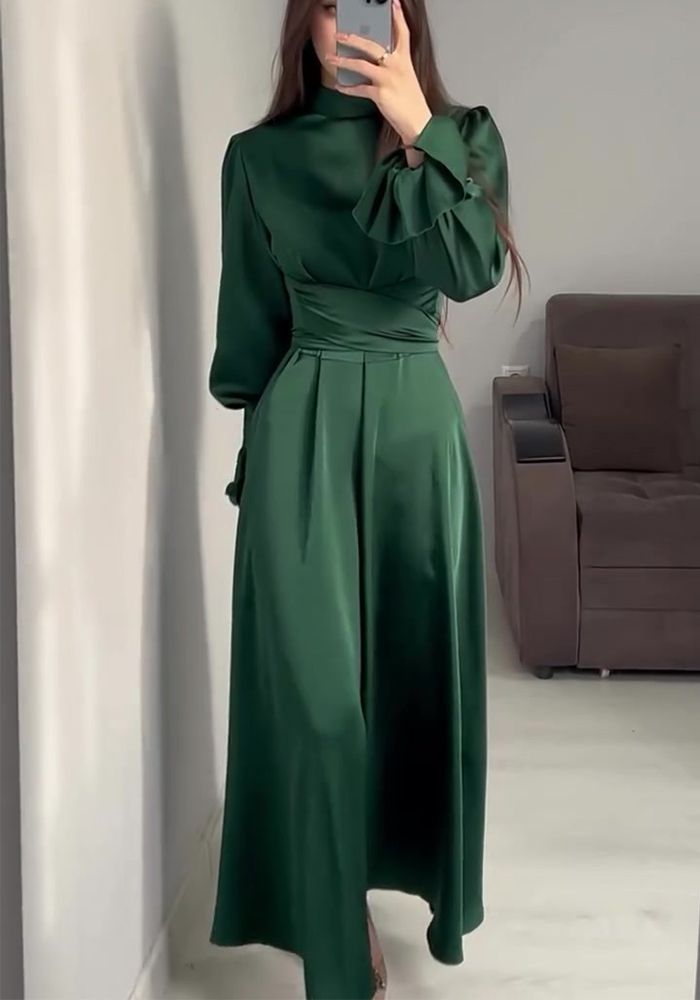 Robe verte à manches longues slim taille haute avec manches bouffantes de printemps