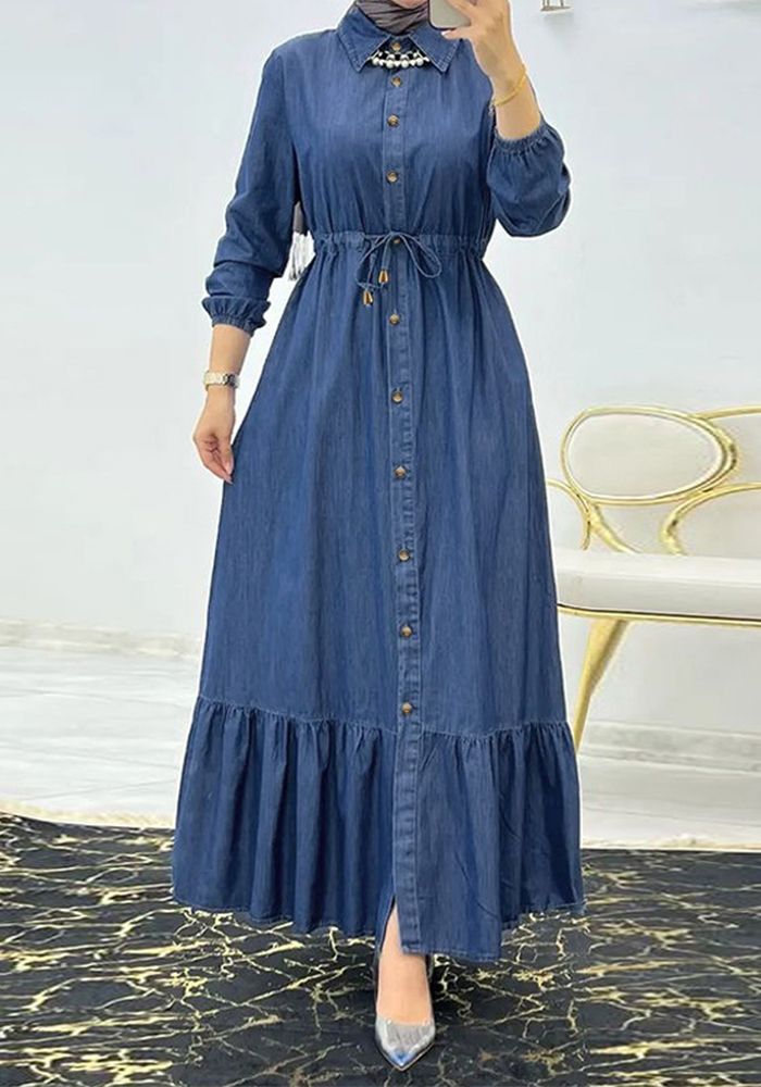 Robe en Denim Élegante Unie pour Femmes Musulmanes