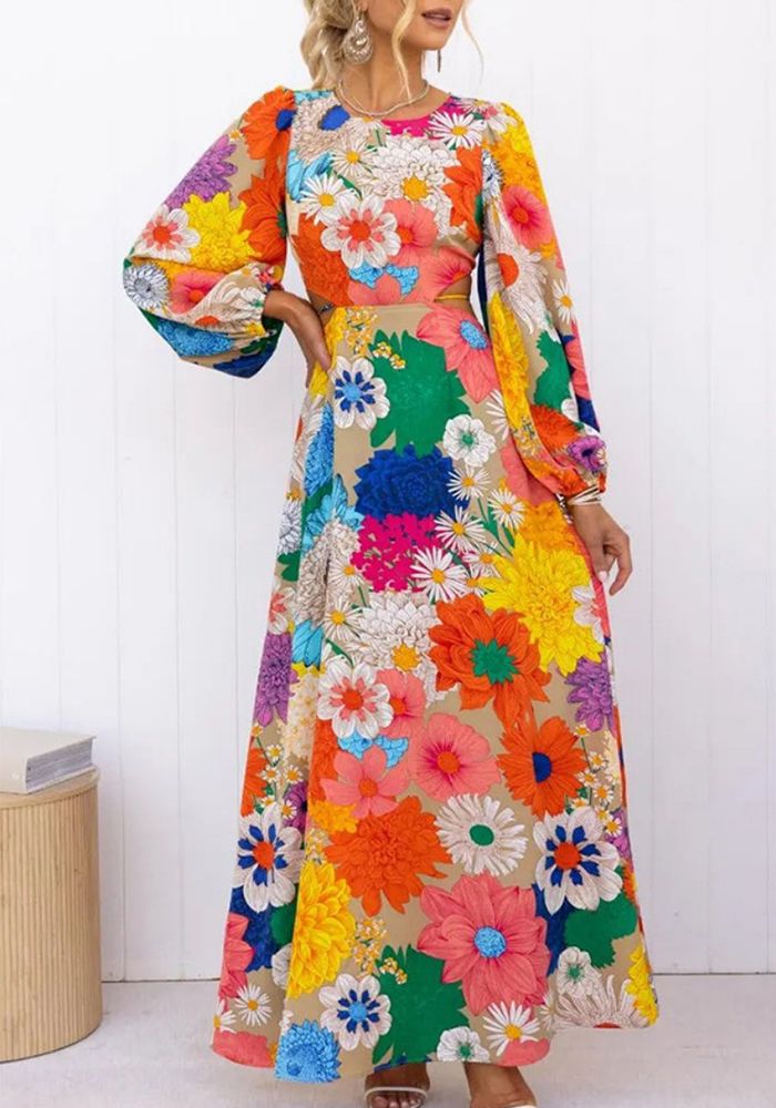 Robe de mode de rue à manches longues imprimée à lacets et taille ouverte pour femmes - Printemps